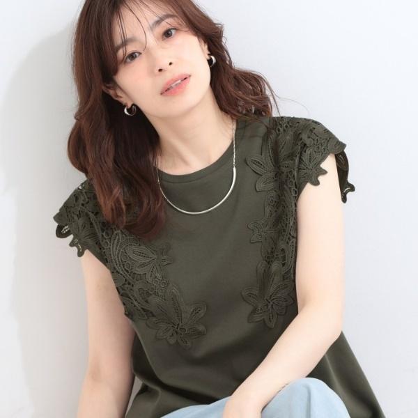 【ひんやりS-LL洗濯機可】女性らしさ溢れるモチーフレース スムースTシャツ