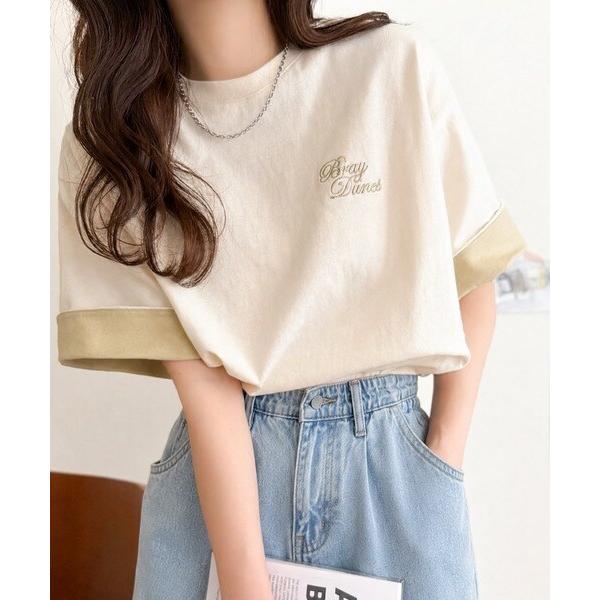 《JaVaジャバコラボ》綿100％ 胸刺繍入り 袖配色切り替え Tシャツ（半袖）