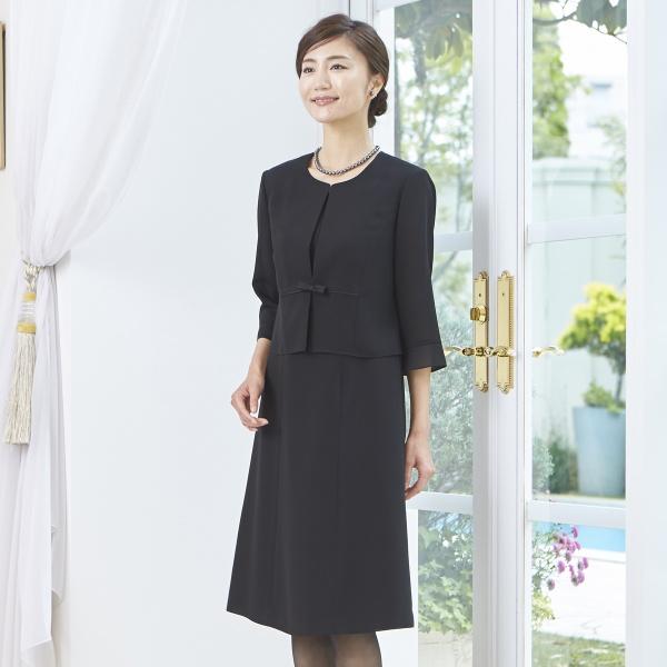 【夏用ブラックフォーマル】ウォッシャブル対応　スーツ風前開きサマーフォーマルワンピース/喪服/礼服