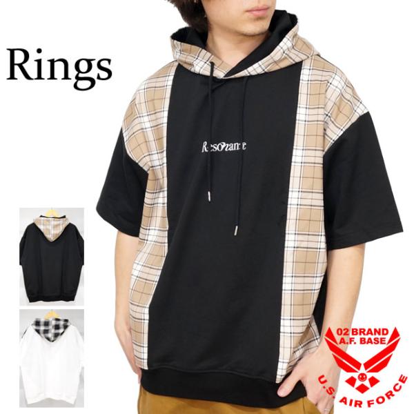 アウトレットセール!!リングス レタリングプリント ルーズサイズ 半袖プルオーバーパーカー メンズ ...