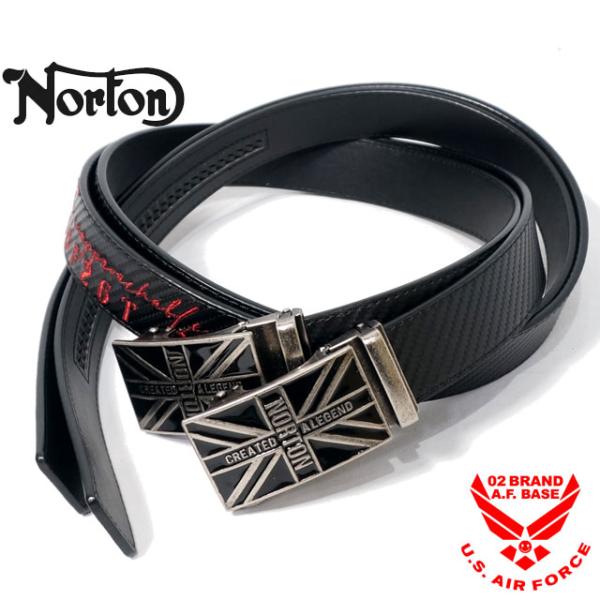 ノートン ロゴ刺繍 カーボンブラック柄 スクエアバックル ホールレス フェイクレザーベルト メンズ ...