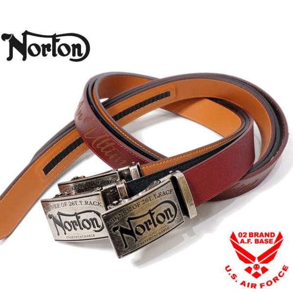 アウトレットセール!!ノートン エンボスロゴ スクエアバックル ホールレス カウレザーベルト メンズ...