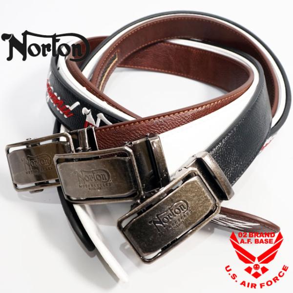 ノートン ロゴ刺繍 カラーライン スクエアバックル ホールレス PUレザーベルト メンズ 新作202...