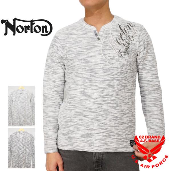 アウトレットセール!!ノートン ロゴ刺繍 スラブネップ ヘンリーネック 長袖Tシャツ ロンTee メ...