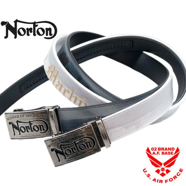 ノートン ロゴ刺繍 ブラッシュ柄 スクエアバックル ホールレス カウハイドレザーベルト メンズ 新作...