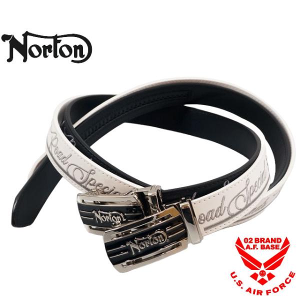 ノートン ユニオンジャック ロゴ刺繍 オーバルバックル ホールレス PUレザーベルト メンズ 新作2...