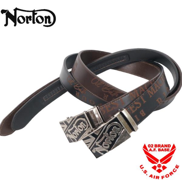 ノートン 総柄 ロゴ刺繍 スクエアバックル ホールレス 本革レザーベルト メンズ 新作2025年モデ...