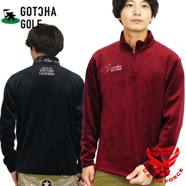 ガッチャゴルフ ロゴ刺繍 裏ファー コーデュロイ ハーフジップ 長袖ポロシャツ メンズ 新作2025...