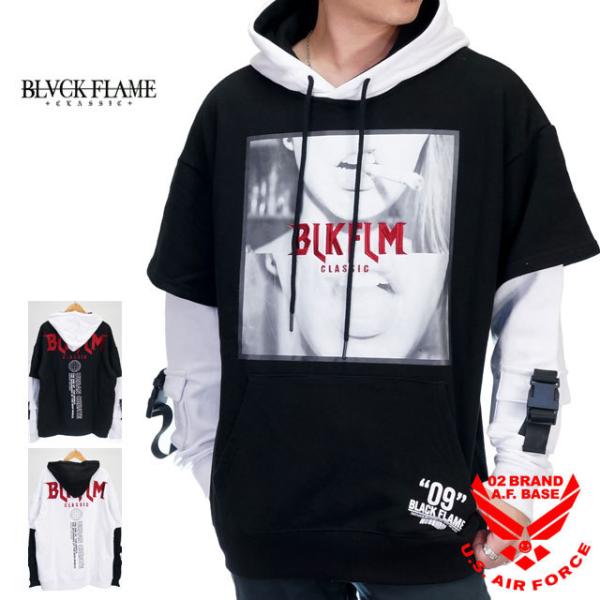 アウトレットセール!!ブラックフレイム ロゴ刺繍 フォトプリント フェイクレイヤード オーバーサイズ...