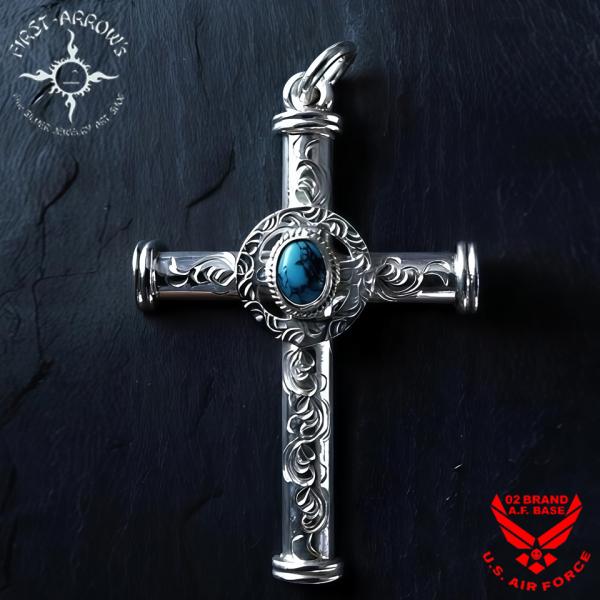 ポイント2倍!!ファーストアローズ ターコイズ付 メディスンホイール付 カラ草彫り甲丸クロス Lサイ...