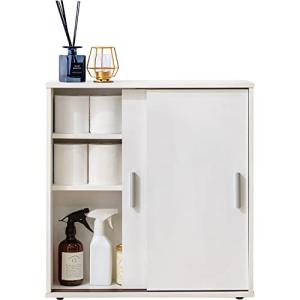 萩原 トイレラック 収納 スリム 洗面所収納 扉 棚板 取っ手 付き 引き戸 薄型 コンパクト 幅59×奥行19.5×高さ61 ホワイト RTRの商品画像