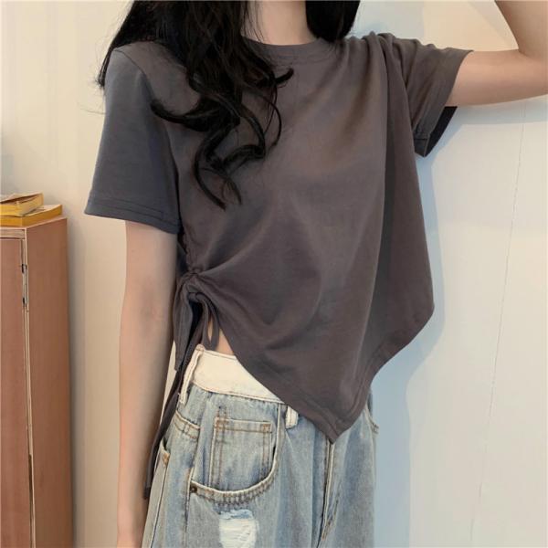 イレギュラーなドローコードショート丈半袖Tシャツ女性新作トップス★t23