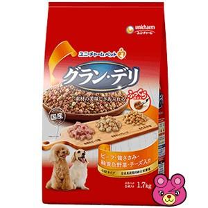 ユニチャーム グランデリ ふっくら仕立て 全成長段階用 ビーフ・鶏ささみ・緑黄色野菜・チーズ・角切りビーフ粒入り 1.7kg×4個入 ／ケース／ペット／HK｜09shop