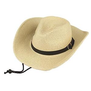 IZUMIYA メンズ 帽子 カウボーイハット ストローハット つば広 中折れハット 紐付き 折りたためる 麦わら帽子 (クリーム)の商品画像