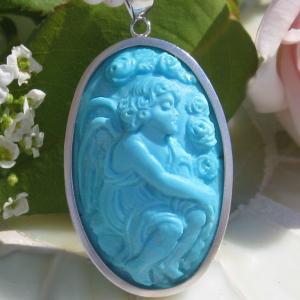 ターコイズカメオシルバーブローチ/ペンダントトップ　トルコ石　SILVER刻印 CAMEO（カメオ） 最高ランク作品 Antonello Accanito作 最高級天然