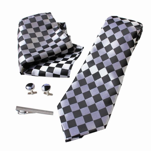 ネクタイ 4点セット ポケットチーフ カフスボタン タイピン 市松格子 シルバー (メール便発送 送...