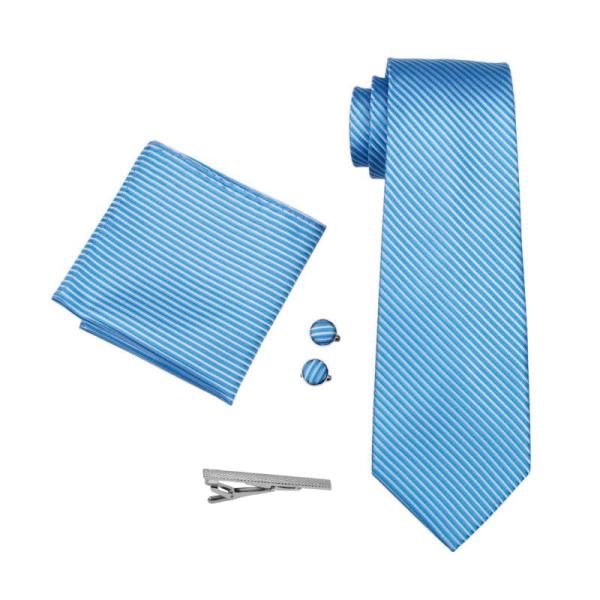 ネクタイ 4点セット ポケットチーフ カフスボタン タイピン ブルー系ストライブ (メール便発送 送...
