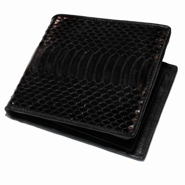 二つ折り 財布 小銭入れ付 水蛇皮 本革 ミズヘビ皮 ブラック（送料無料　メール便）社会人 プレゼン...