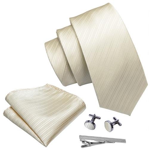 化粧箱入 ネクタイ 4点セット ポケットチーフ カフスボタン タイピン ゴールド ストライプ柄 結婚...