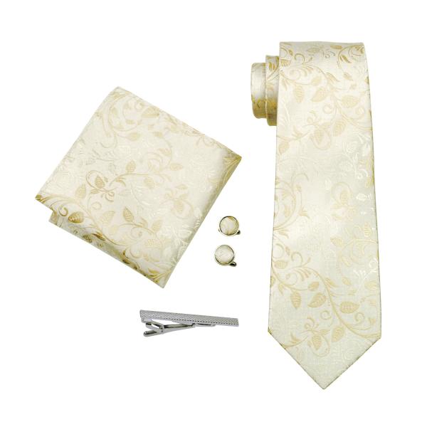 ネクタイ チーフ タイピン カフス 4点 セット メンズ 幅 レギュラータイ 唐草ゴールド  (メー...