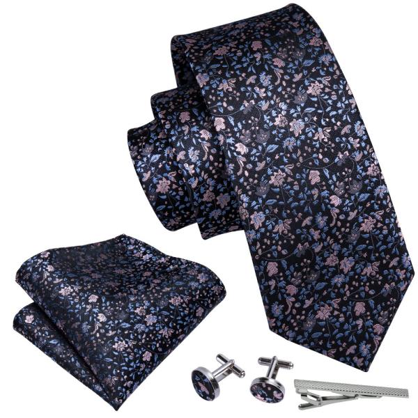 ネクタイ チーフ タイピン カフス 4点 セット メンズ 幅 レギュラータイ 黒地 花柄  (メール...