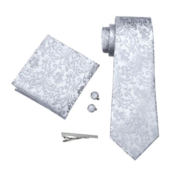 ネクタイ チーフ タイピン カフス 4点 セット メンズ 幅 レギュラータイ シルバー 唐草  (メ...
