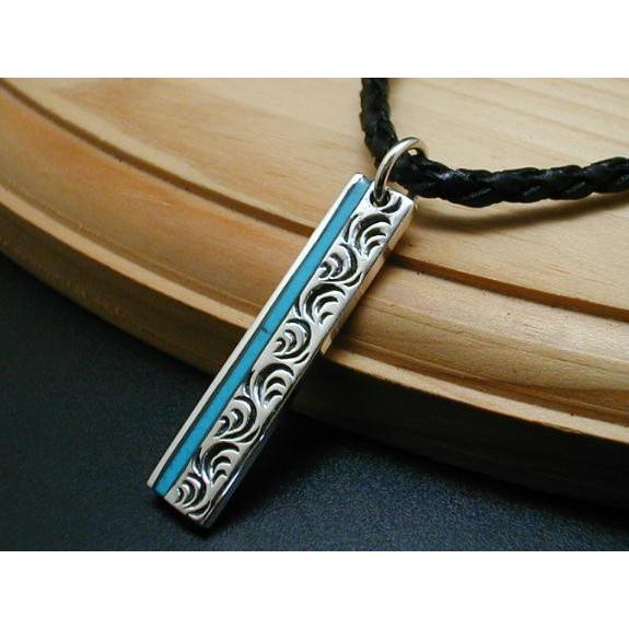 アラベスクとトルコ石のプレートネックレスPGS09kb手作り本革紐シルバー925 メンズネックレス ...