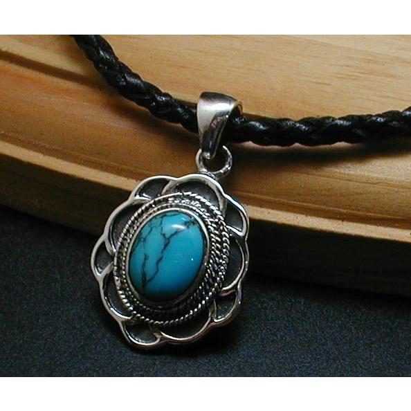 お花モチーフのターコイズネックレスPGS63kb手作り本革紐シルバー925 メンズネックレス シルバ...