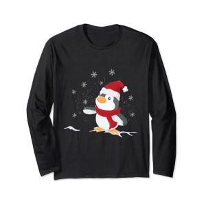 クリスマスペンギンサンタ帽子を着たサンタメリークリスマス 長袖Tシャツ｜110110-3