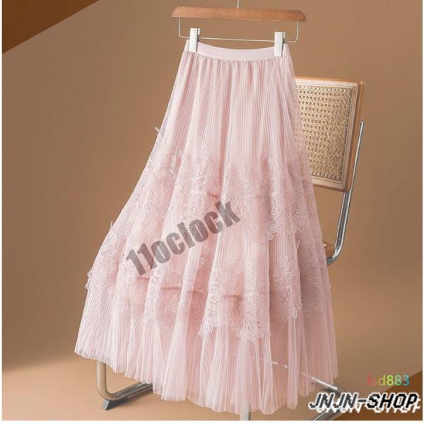 4色 レース スカート レディース 夏 秋コーデ ウエストゴム プリーツスカート フレアスカート ミ...