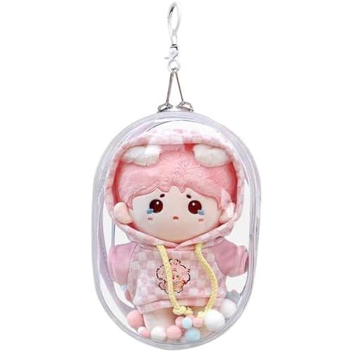 ぬいぐるみ収納バッグ 透明ポーチ ポンポンボール・キーホルダー付き 長円形ファスナー式 大容量見せバ...