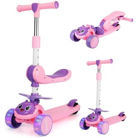 キックスクーター 子供用 三輪車 LED光るタイヤ 折り畳み式 4段階高さ調整 シート付き 耐荷重1...