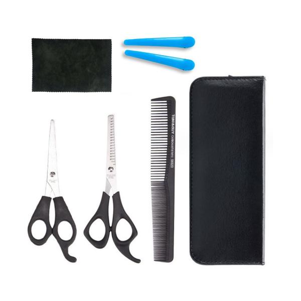 散髪道具7点セット 散髪用ハサミ 髪切りハサミ   くし 収納ケ一ス ヘアクリップ  掃除布 髪切り...