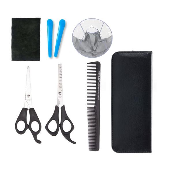 散髪道具8点セット 散髪用ハサミ 髪切りハサミ 披肩マント くし 収納ケ一ス ヘアクリップ  掃除布...