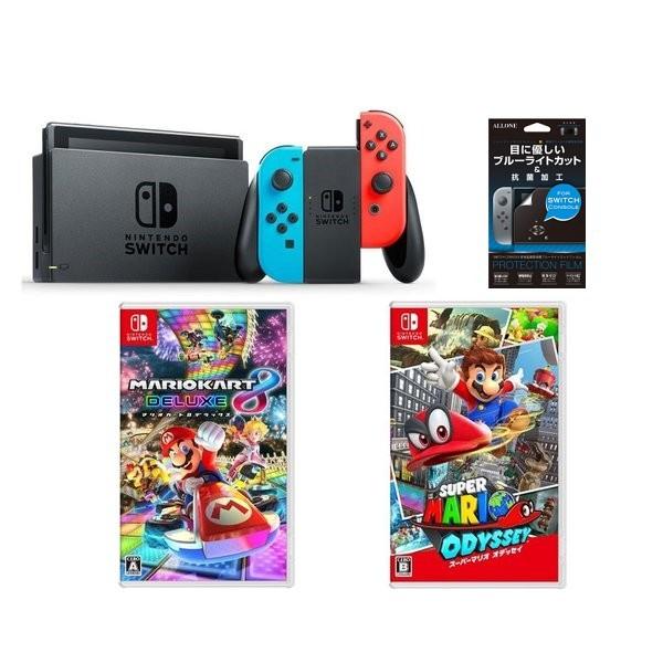 スイッチ本体ネオン・3000円クーポン付＋マリオカート８ＤＸ＋スーパーマリオオデッセイソフト＋液晶画...