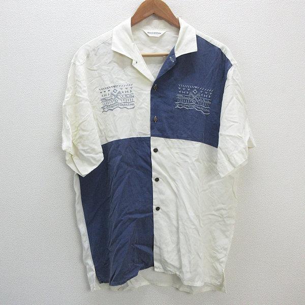 s■日本製■ブラック&amp;ホワイト/Black＆White 開襟 レーヨンシャツ【L】白 紺/MENS/...