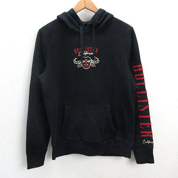 s■ホリスター/HOLLISTER ロゴ刺繍 プルオーバーパーカー【S】黒/MENS/93【中古】