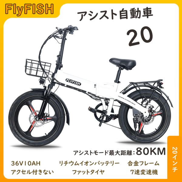 折りたたみ式自転車 白いアシスト自転車 20インチ 太いタイヤ マウンテンバイク 350W バッテリ...