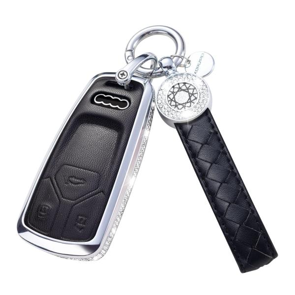 【並行輸入品】RUABIBAN アウディキーフォブカバー キーチェーン付きブラック本革クリスタルキー...