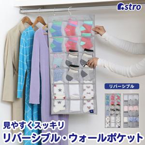 吊り下げ収納 グレー 両面 ポケット30個 下着収納 ウォールポケット フック付き 省スペース アストロ 600-48