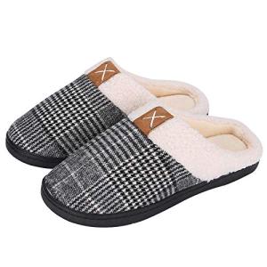 格子柄 スリッパ 室内履き コットン製 秋冬屋内 滑り止め 柔らかい ルームシューズ 男女兼用 - ライトグレー