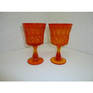 レトロ　オレンジガラスの足つきグラス　2客セット　中古　気泡　ギヤマン