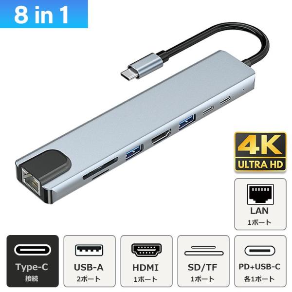 USBハブ 8ポート USB拡張 4K HDMI PD充電 hub USB-C USB3.0 TF ...