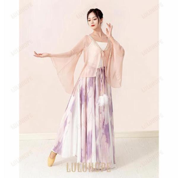 【特価】古典舞踊 ダンス衣装 二重シフォン 広がる 大きい裾 スカート スリット 紫プリント ロング...