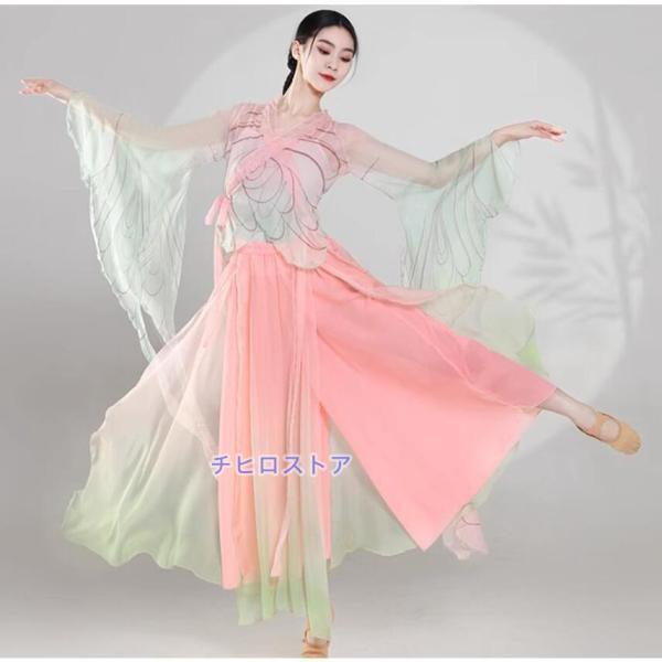 中華古典舞踊 ダンス衣装 3点セット レディース 「蝶」モチーフ ひらひらのダンス 衣装 水袖 振袖...