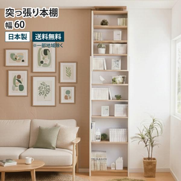 突っ張り本棚 幅60cm スリム 壁面収納 壁面本棚 見せる収納 天井 つっぱり 本棚 薄型収納 省...