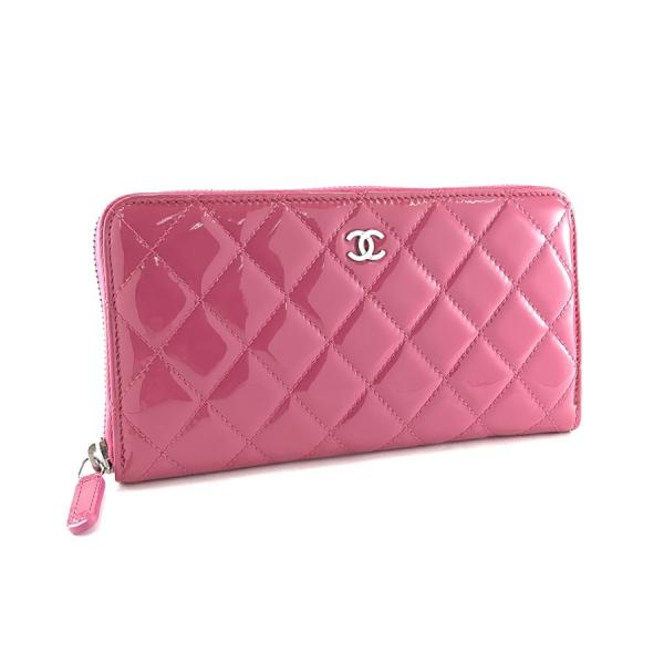 シャネル CHANEL 長財布 ラウンドファスナー マトラッセ ココマーク パテントレザー ピンク ...