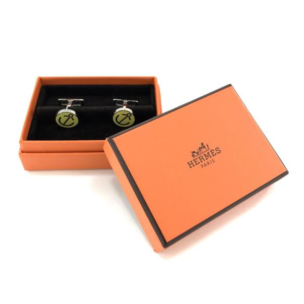 エルメス HERMES カフス ボタン イカリモチーフ 金属素材 ライムグリーン シルバー メンズ