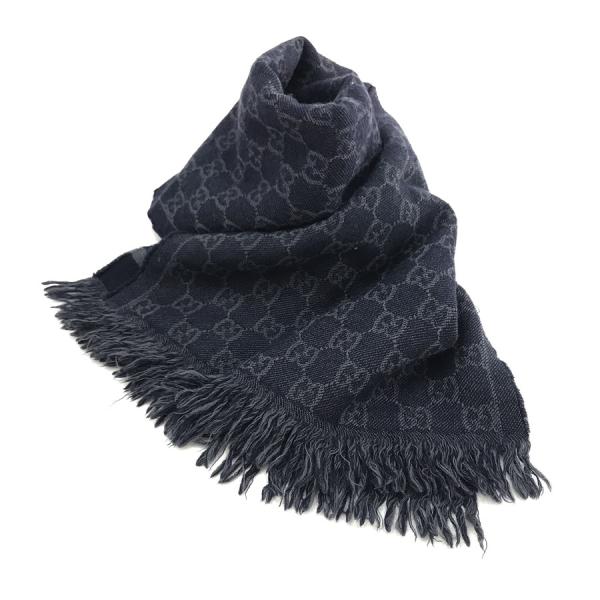 グッチ GUCCI マフラー GG柄 フリンジ付き リバーシブル ウール ネイビー グレー