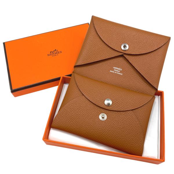エルメス HERMES カルヴィデュオ エプソン レザー ゴールド シルバー金具 カードケース コイ...